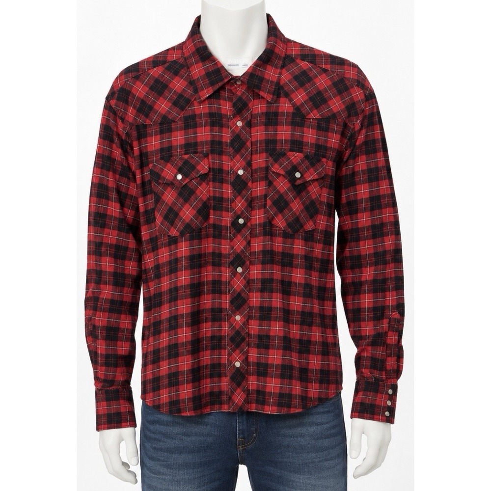 WRANGLER Men's Flannel Long Sleeve Pearl Button Down Shirt Jacket Red Black XL